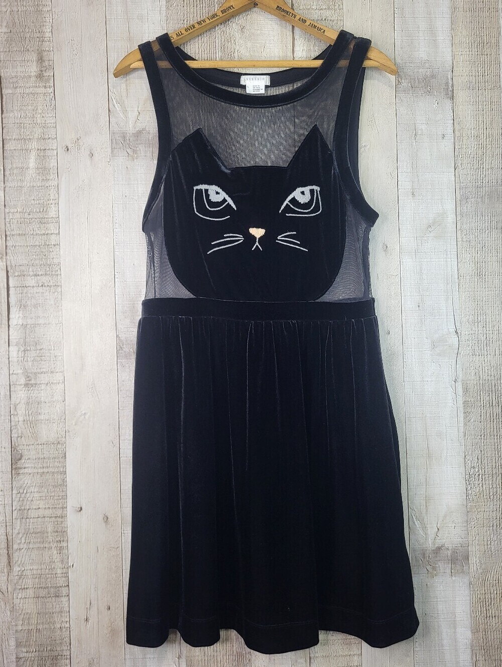 Cooperative Black Velvet Cat Face Mesh Dress. Size Large. Fits Like a Medium.